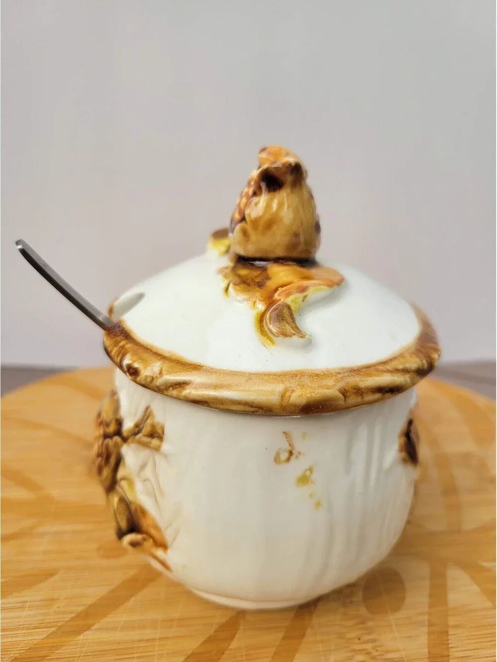 Vintage Japan Ceramic Sugar Bowl With Lid Spoon Brown Corn Leaves Prim Rustic